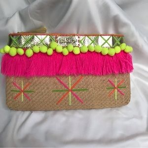 LILLY PULITZER Woven Straw Clutch with Neon Fringe Detail